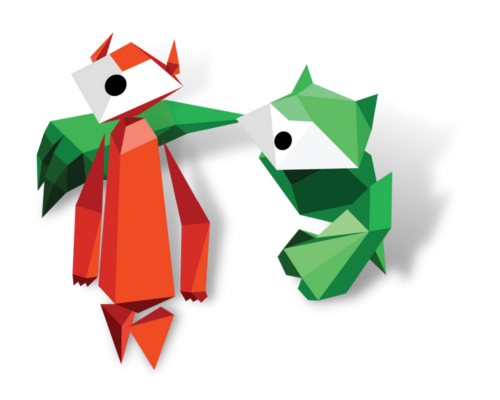 Two characters from the game Interlandia. Red and green figure.