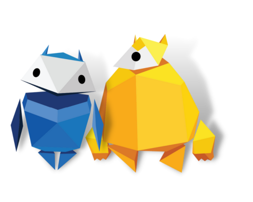 Two characters from the game Interlandia - blue and yellow figure.